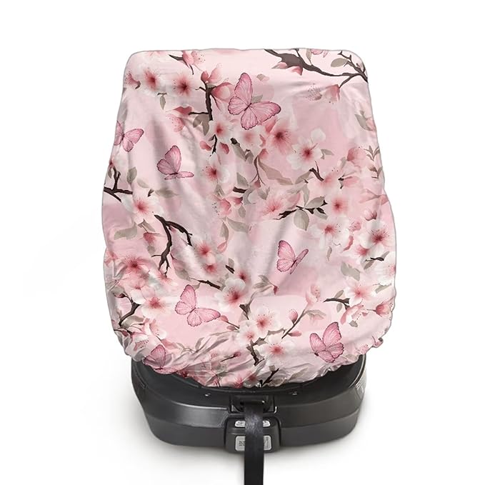 Cherry Blossom Car Seat Cover Baby Girl Car Seat Sun Shade Cover Replacement with Pink Butterfly Print, Easy Installation for Baby & Kids