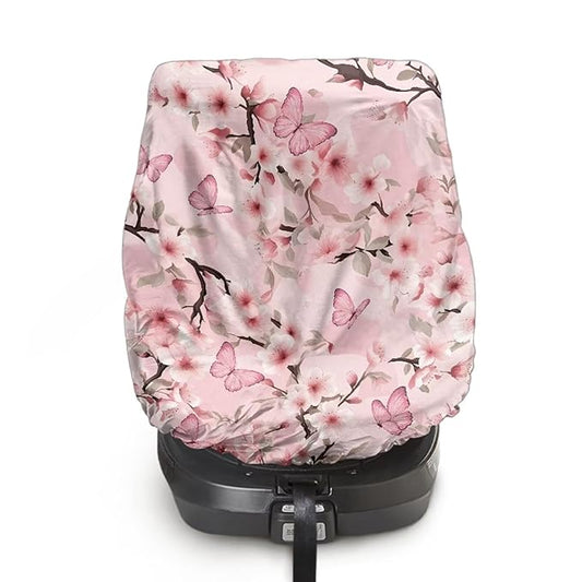 Cherry Blossom Car Seat Cover Baby Girl Car Seat Sun Shade Cover Replacement with Pink Butterfly Print, Easy Installation for Baby & Kids