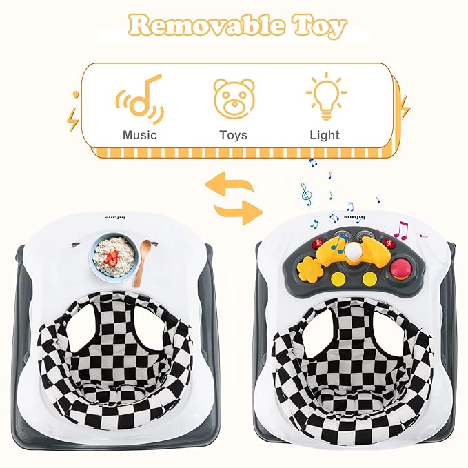 INFANS Foldable Baby Walker, 3 in 1 Toddler Walker Leaning-Seated Walk-Behind with Removable Music Tray, Adjustable Height, Washable Seat Cushion for Boys and Girls (Checkerboard)