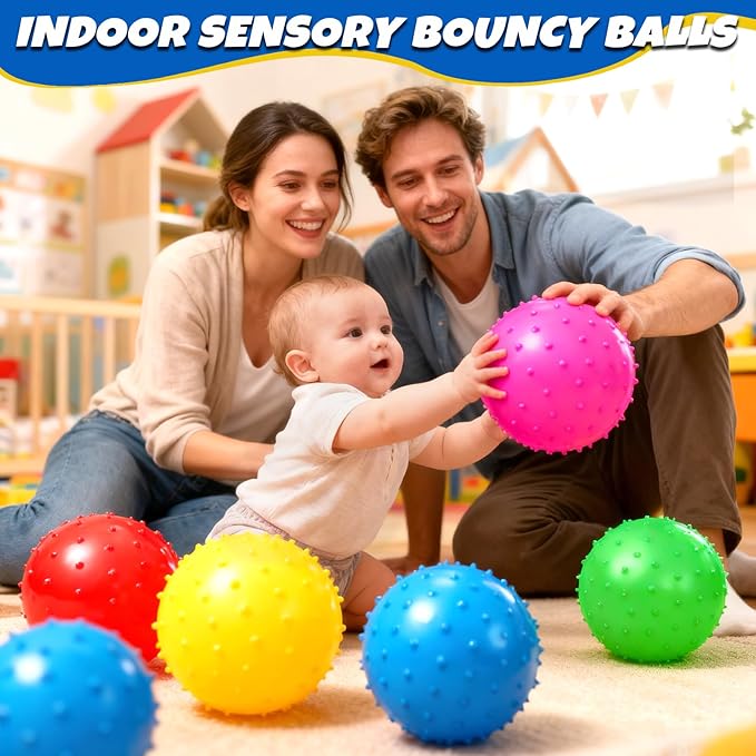 Hymaz Knobby Balls Bulk 9" Soft Bouncy Ball Sensory Toys Spiky Massage Stress Ball, Set of 5 Sensory Balls with Pump, Party Favors Stocking Stuffers Beach Games for Kids Toddlers