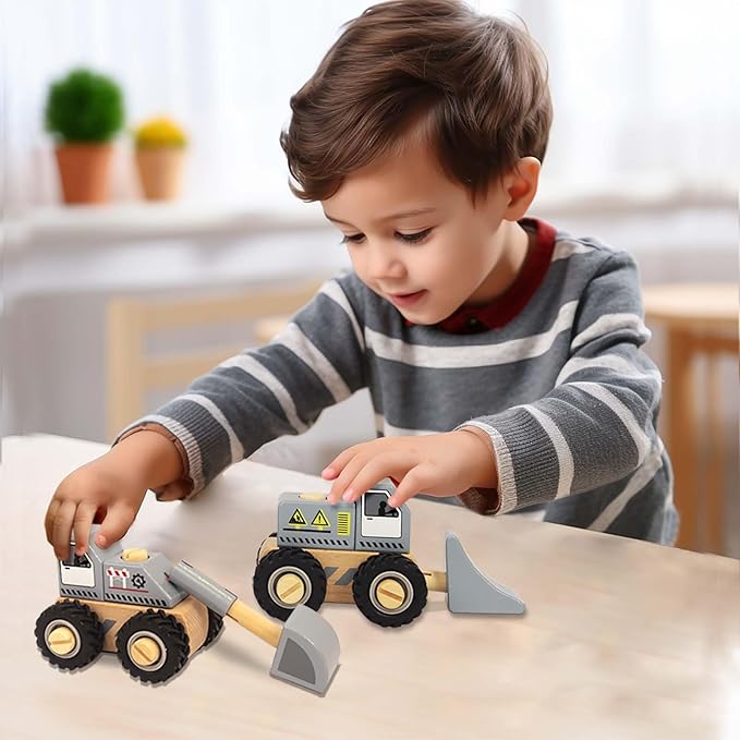 Construction Vehicles for Toddlers, 2 Pcs Wooden Detachable Assemble Bulldozer and Excavator, Kids Vehicle Toys Hand Push Car Toys for 3 Years Old Boys Girls