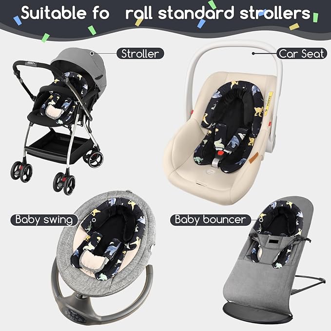Infant Car Seat Insert & Strap Cover for Baby Boys, 2 in 1 Carseat Head Support Newborn, Ultra Soft Car Seat Cushion for Babies, Plush Fabric, Fit for Swing, Car Seat, Stroller, Bouncer, Black