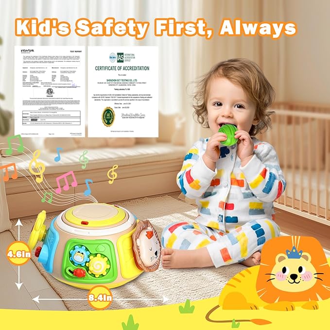 7-in-1 Activity Cube Drum Montessori Toys for Baby 18+ Months, Busy Toys for Toddlers with 9 Sensory Shape Blocks, Music & Light Educational Toys Christmas Birthday Gifts for Kids Boys Girls