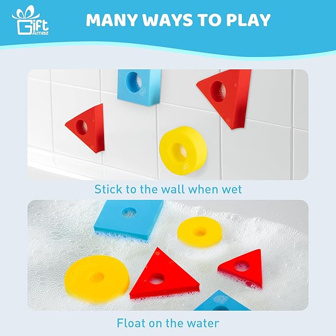 GiftAmaz 3-in-1 Bath Toys for Toddlers 1-3, Mold Free Foam Sorting & Stacking Sensory Toys - Suction Cup, Shape Color Size Learning Water Toy, Montessori Baby Bathtub Wall Toy for Kids Ages 1-3 2-4
