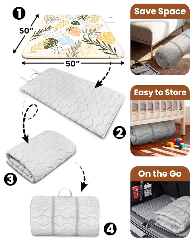 Baby Play Mat for Floor, Portable 50x50 Thickened Foam Playpen Mat, Foldable for Easy to Store, Baby Tummy Time Playmat, Non-Slip, Carring Handle for Outdoor Use(Leaf)