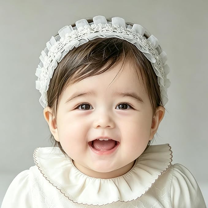 Baby Girls Flower Headbands Cute Kids Christening Headband Soft Lace Hairbands Floral Crown Newborn Infant Toddlers Hair Accessories for Birthday Party Photography(Beige Flowers)