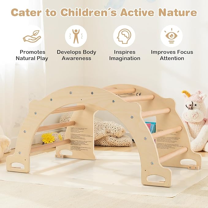 Olakids Climbing Arch for Toddlers, 4 in 1 Wooden Indoor Kids Climber Rocker Montessori Sensory Table with Foldable Storage Bin, Baby Pikler Set Gym Learning Crawling Toy for Children (Wooden)