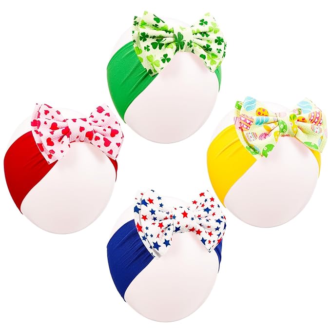 JATEBI 4 Pcs 6" Holiday Baby Bows Headbands for Newborn Infant Toddler, Soft Stretchy Nylon Hair Bands, Holiday Hair Accessories for Valentine’s Day, St. Patrick’s Day, Easter, 4th of July