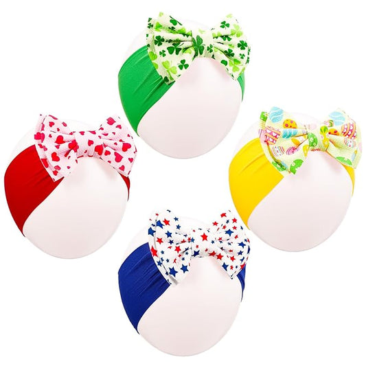 JATEBI 4 Pcs 6" Holiday Baby Bows Headbands for Newborn Infant Toddler, Soft Stretchy Nylon Hair Bands, Holiday Hair Accessories for Valentine’s Day, St. Patrick’s Day, Easter, 4th of July