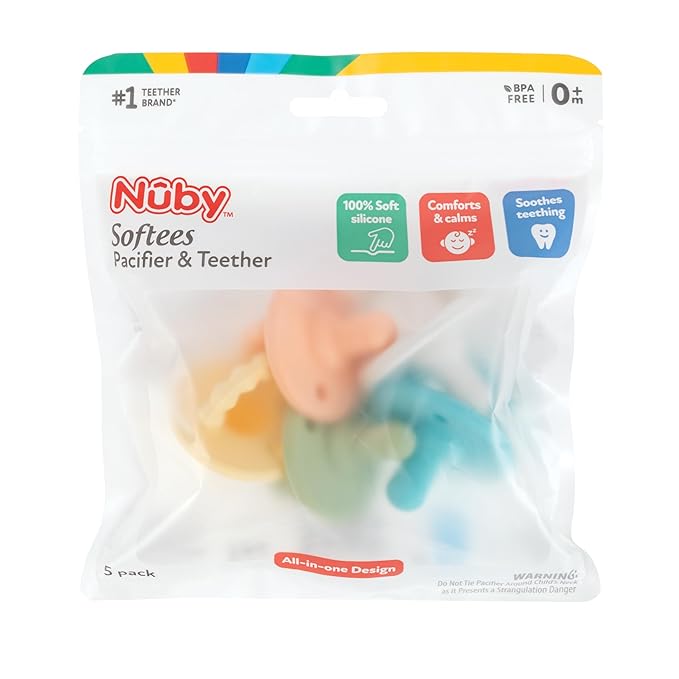 Nuby Silicone Softees Pacifier and Teethers - (5-Pack) Silicone Baby Pacifiers and Teethers - 0+ Months - Assorted Neutral Colors
