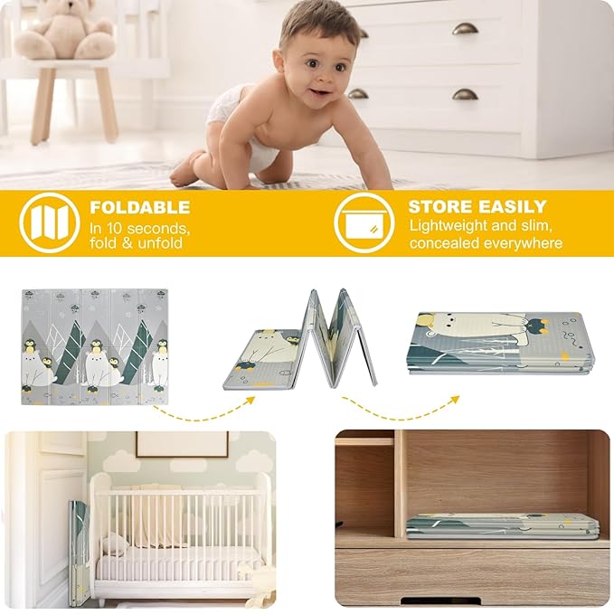 Baby Play Mat, XPE Foldable Foam Play Mat for Floor, Soft Waterproof Playmats for Babies and Toddlers Kids， Reversible Baby Crawling Mat for Indoor and Outdoor， 79''x71''x0.4"