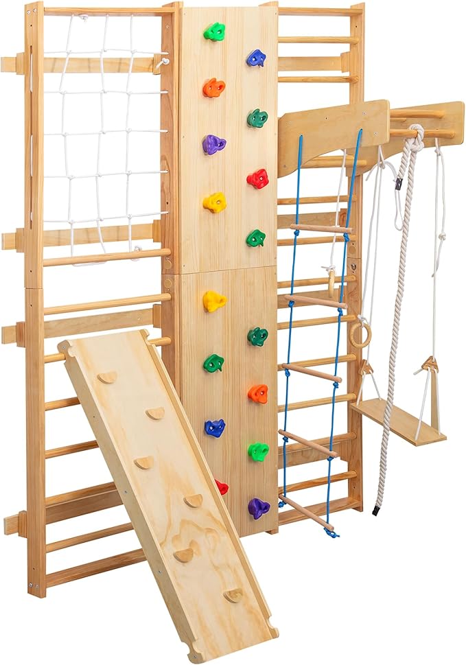 ZMAD Swedish Ladder Wall Gym & Climber – Featuring a Rock Climbing Wall, Wooden Swings, Gymnastic Rings, Rope Ladders, and Stretching Equipment for Indoor Playground， Spring 2026 (10-in-1)