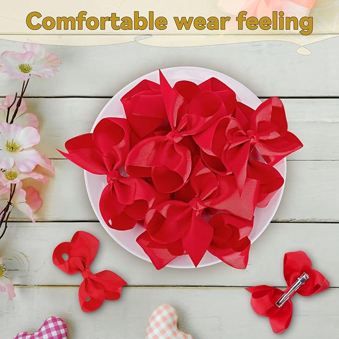 20Pcs 4" Hair Bows,Grosgrain Ribbon Solid Color Hair Bow with Alligator Clips,Hand-made Toddler Red Bows Hair Accessories for Girls Kids Children Little Teen (Red)