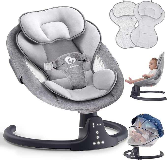 Bluetooth Baby Swing for Infants, Compact & Portable Baby Swing, 3 Seat Positions, 5 Swing Speed, 10 Music, Remote Control, USB Plug-in Power, Reversible Cushion for All Seasons