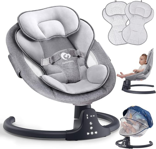 Bluetooth Baby Swing for Infants, Compact & Portable Baby Swing, 3 Seat Positions, 5 Swing Speed, 10 Music, Remote Control, USB Plug-in Power, Reversible Cushion for All Seasons
