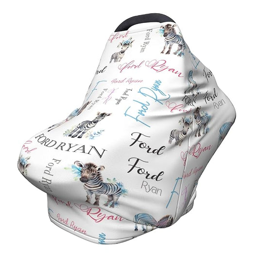 Personalized Baby Car Seat Covers for Babies, Custom Zebra Nursing Breastfeeding Carseat Canopy with Name, Infant Stroller Covers for Newborn Girls Boys, Breathable Carseat Cover