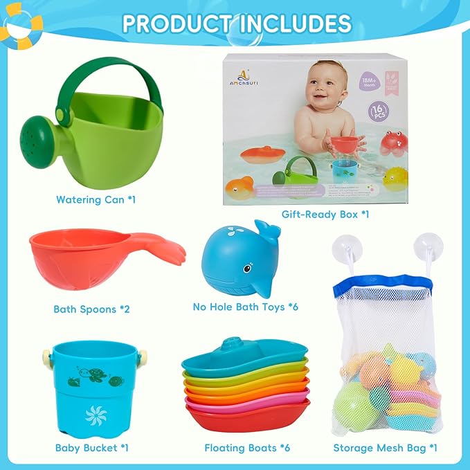 Baby Bath Toys for Kids Ages 1-3, 16PCS | Easy Clean Mold Free Bath Toys Toddlers 2-4 | Bathtub Pool Water Table Toys for Babies & Toddlers | Bath Boats Spoons Bucket Watering Can Tub Toy for Toddlers