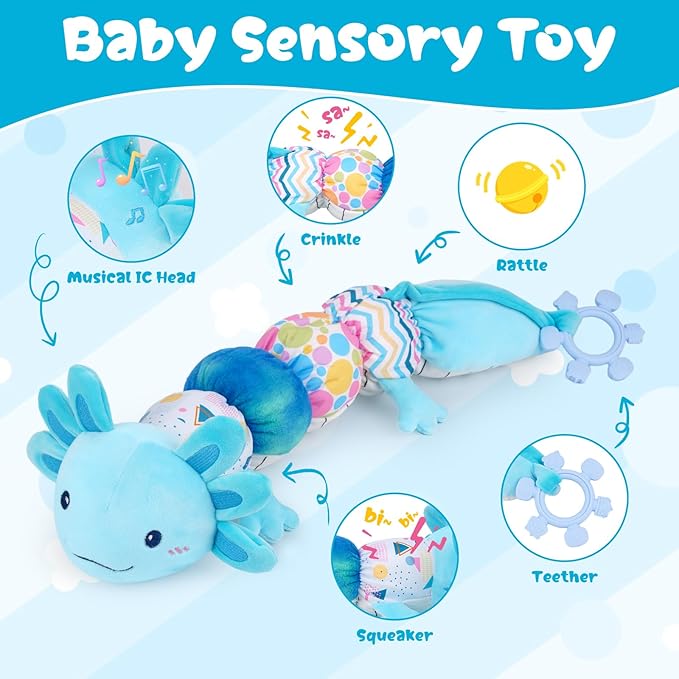 Baby Toys 6-12 Months, Musical Caterpillar Tummy Time Toys with Crinkle, Rattle, Squeaker & Teether, Kawaii Sensory Toys for Babies 0 1 2 3 4 5 6+ Months, Crinkle Toys Newborn Baby Gift