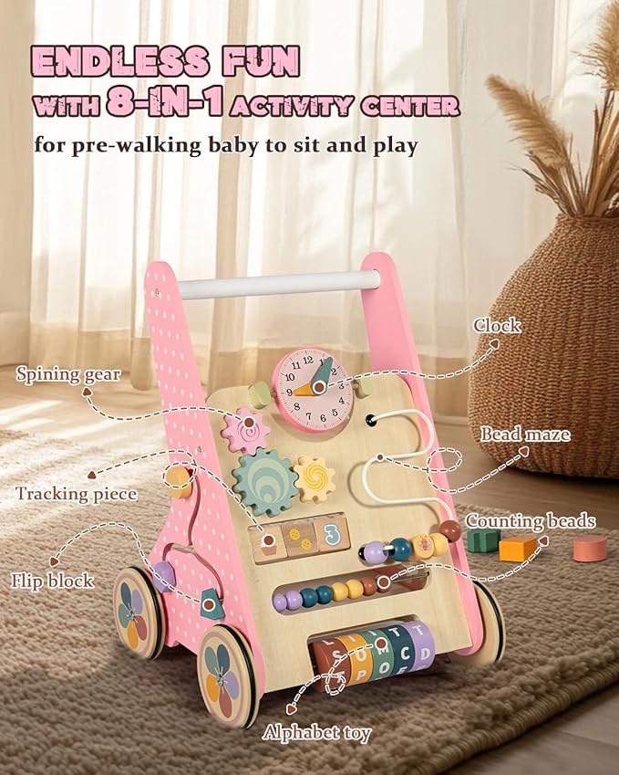 Wooden Baby Walker with Wheels, Baby Push Walkers for Girls 12 Months, Push Toys 1 Year Old Girl Small Size