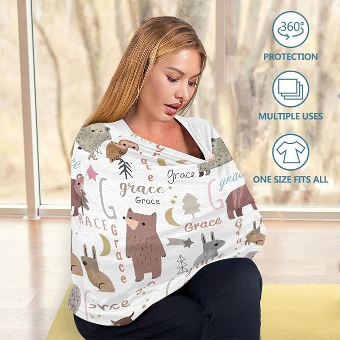 Personalized Baby Car Seat Cover for Boys Girls, Customized Infant Carseat Covers with Name, Multi Use Nursing Cover Breastfeeding Scarf, Stroller Sun Shade Cover Canopy, Cartoon Animal