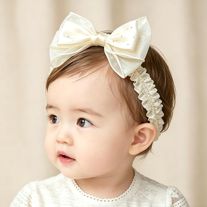 Handmade Baby Girl Headbands in Beige Baby Bows and Floral Lace Headband Bows for Newborns and Toddlers Cute Baby Girl Bows and Newborn Headband Bows