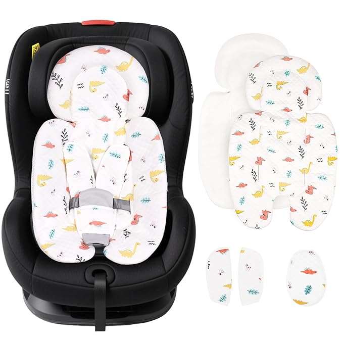 vocheer Infant Car Seat Insert, Newborn Carseat Head and Body Support, Reversible Cushion with 3 Extra Strap Covers, Baby Swing, Large Size, Cotton, Mesh Material, Dinosaur