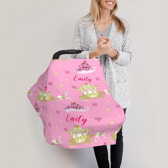 Personalized Baby Car Seat Cover for Girls, Custom Castles Nursing Covers for Breastfeeding with Name, Infant Stroller Cover, Baby Carseat Canopy for Newborn, Multiuse Car Seat Canopies