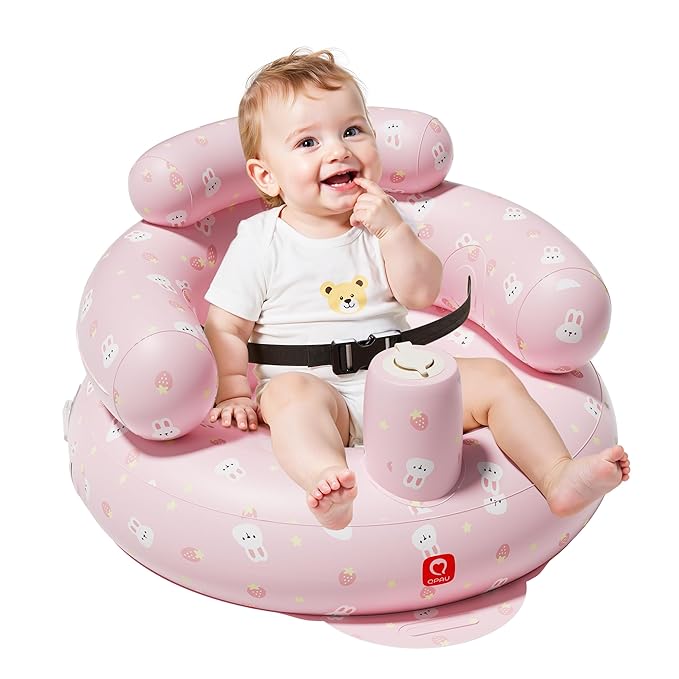 QPAU Inflatable Baby Seat with Safety Harness for Babies 3 Months & Up, Baby Floor Seats for Active Play, Blow Up Baby Chair with Built in Air Pump (Pink Rabbit)