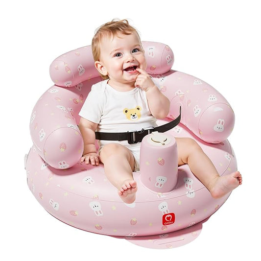 QPAU Inflatable Baby Seat with Safety Harness for Babies 3 Months & Up, Baby Floor Seats for Active Play, Blow Up Baby Chair with Built in Air Pump (Pink Rabbit)