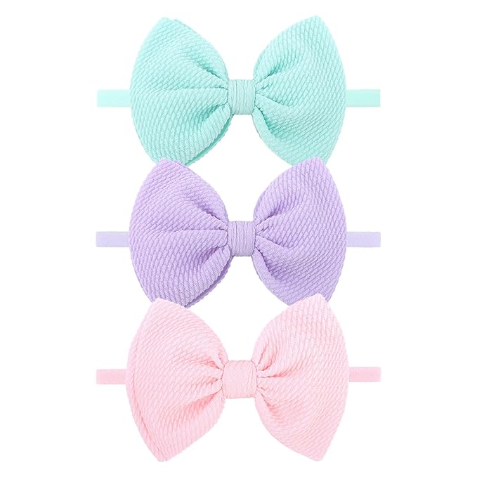 3PCS 4.5’’ Hair Bows for Baby Girls Newborn Infant Toddler Headbands Light Blue & Purple & Pink Bow of Hair Accessories Soft Girl Head Wraps