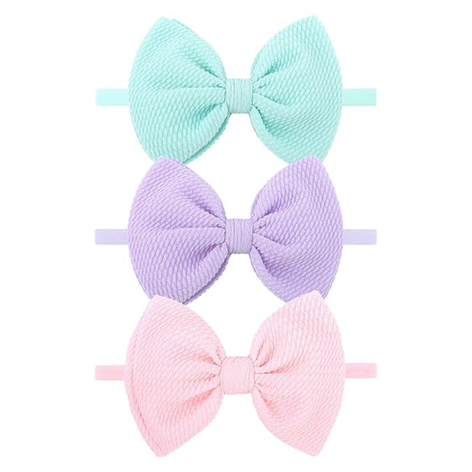 3PCS 4.5’’ Hair Bows for Baby Girls Newborn Infant Toddler Headbands Light Blue & Purple & Pink Bow of Hair Accessories Soft Girl Head Wraps