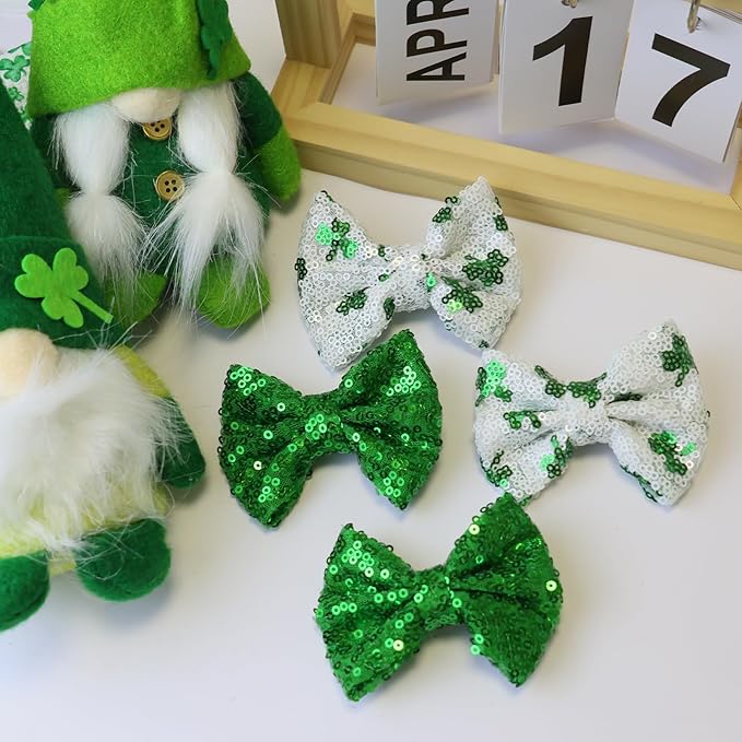 St.Patrick's Day Sequin Hair Bows for Girls Green Sparkly Alligator Clips Shamrock Glitter Hair Accessories for Little Teen Toddler Girls Kids St.Patrick Gift