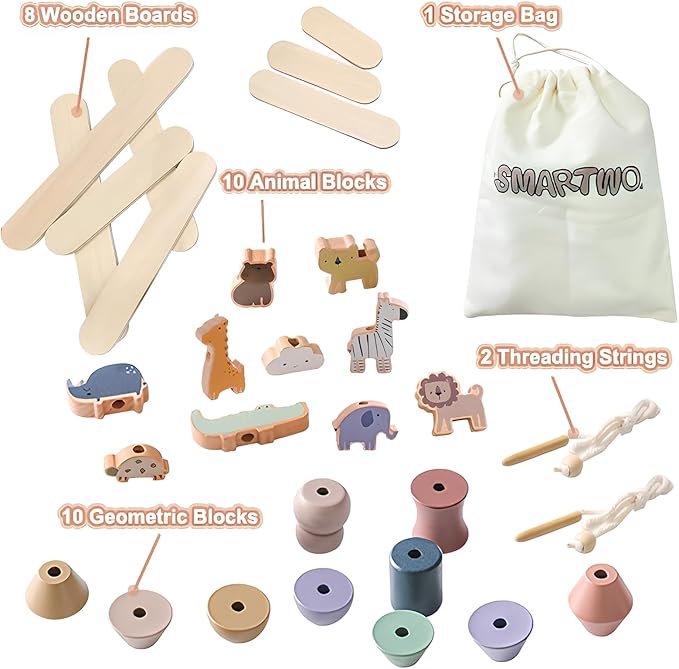 Wooden Animals Threading Toys Lacing Beads for Toddlers,Stacking Blocks Balance Game,Family Educational Preschool Learning Toy, Preschoolers Montessori Classroom Activities,Ideal Gift for Kids