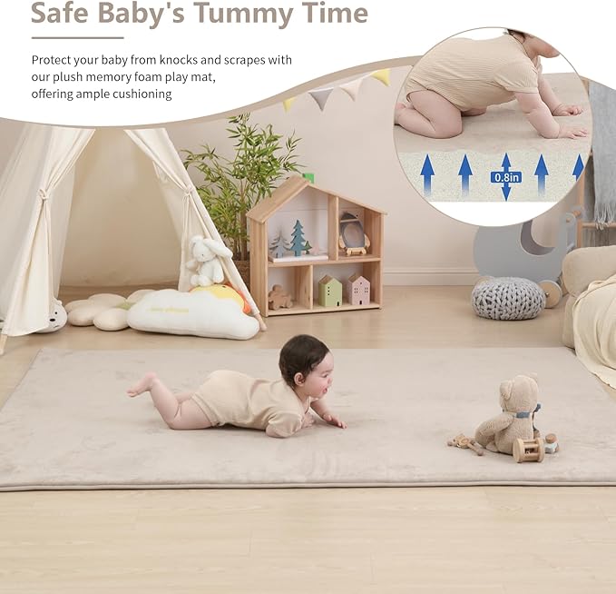 Memory Foam Baby Play Mat for Playpen, Thick & Large Crawling Mat for Floor, Soft Velvet Tummy Time Surface, Non-Slip Play Area for Kids, Toddlers, Infants in Nursery & Playroom (59"×79"×0.8",Beige)