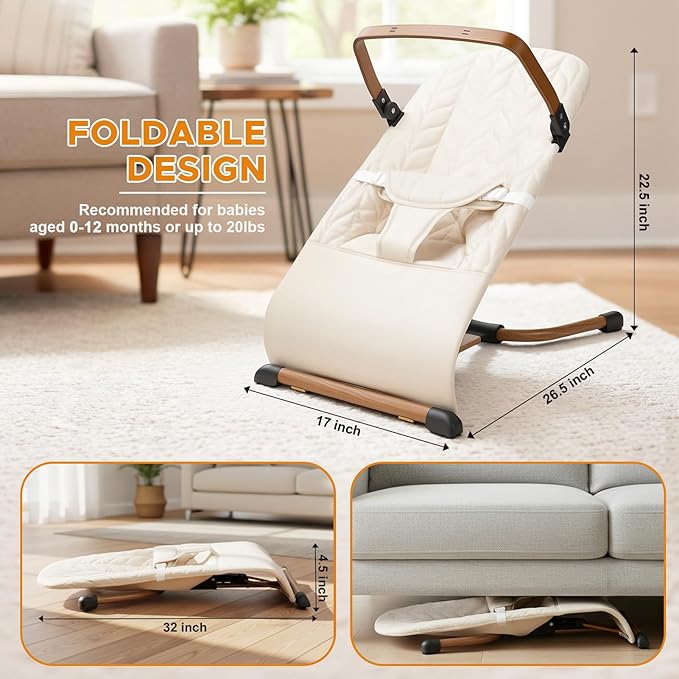 Portable Baby Bouncer, Bouncer Seat for Babies 0-12 Months, 3 Recline Positions, Foldable Baby Rocker Chair with Removable Wooden Bar, Beige