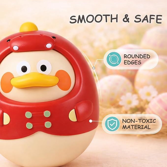 Tinabless Tummy Time Toys, Dinosaur-Duck Roly Poly Baby Toy, Musical Wobbler Toy | Tumbler Wobbler Toy for Newborns 3-12 Month Baby Boys and Girls Easter Basket Gift First Birthday Present (Red)