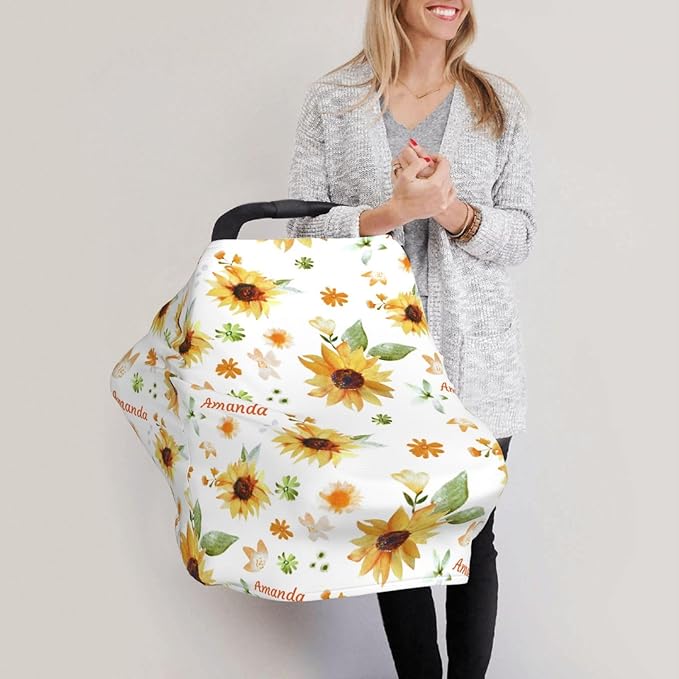 Personalized Baby Car Seat Cover for Boys Girls, Custom Sunflower Nursing Covers for Breastfeeding with Name, Infant Stroller Cover, Baby Carseat Canopy for Newborn, Multiuse Car Seat Canopies