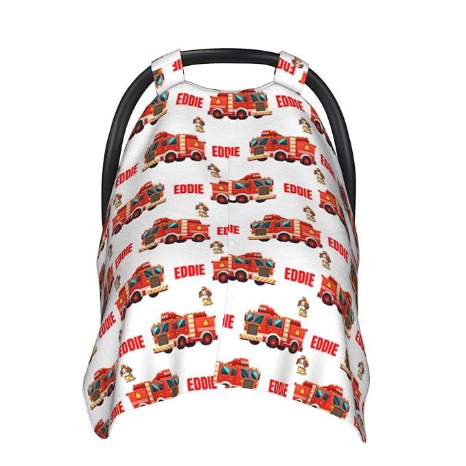 Personalized Baby Car Seat Canopy for Babies with Name, Custom Car Seat Covers for Boys Girls, Infant Opening Minky Nursing Breastfeeding Stroller Cover Carseat Canopies for Newborn (Firetruck)