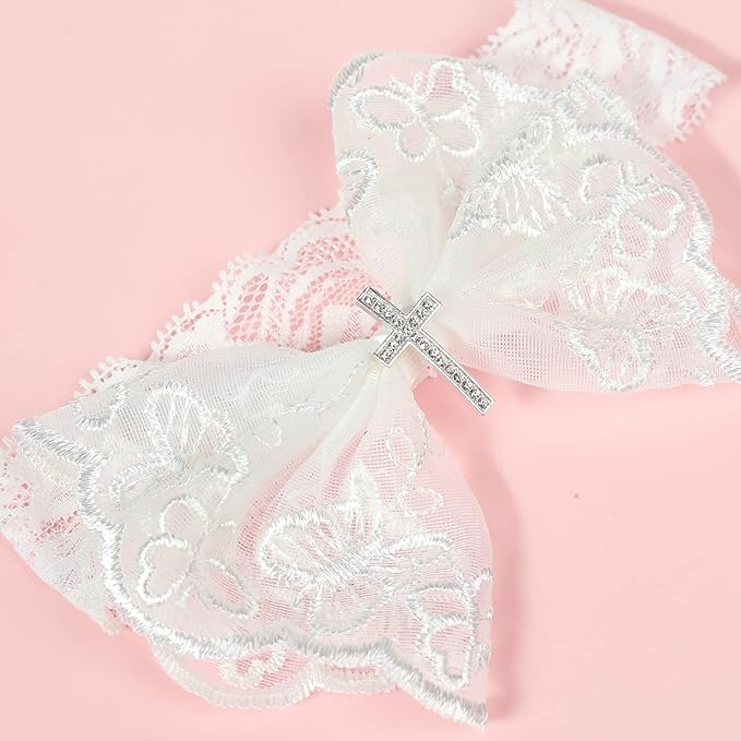 BBTDIN Baptism Christening Headbands Baby Girls Flower Lace Hair Hand White Bow BBG11 (B1-Bow with Cross)