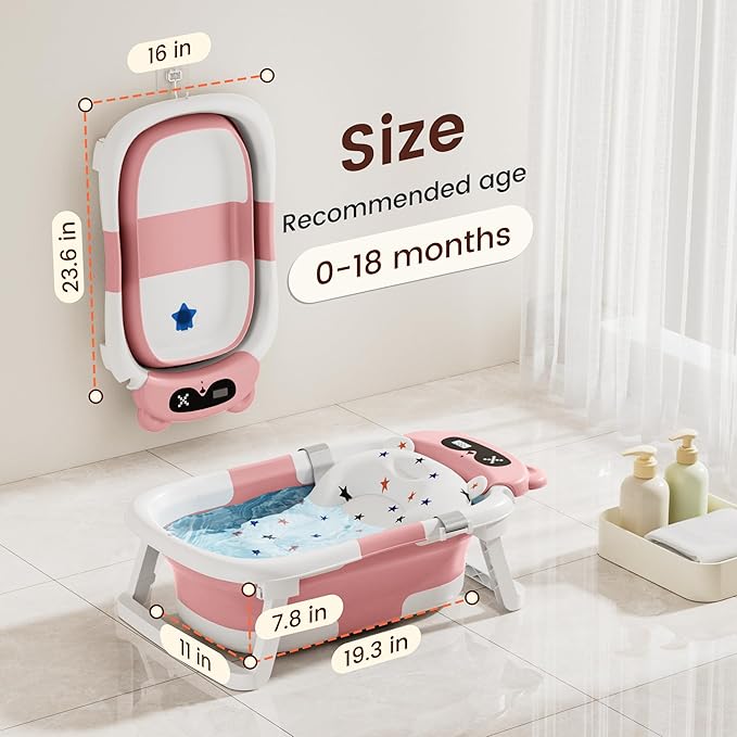 Baby Bathtub,Foldable Baby Bath Tub for Newborn to Toddler (0-18 Months) – Collapsible Infant Tub for Travel with Thermometer, Soft Cushion,Pink