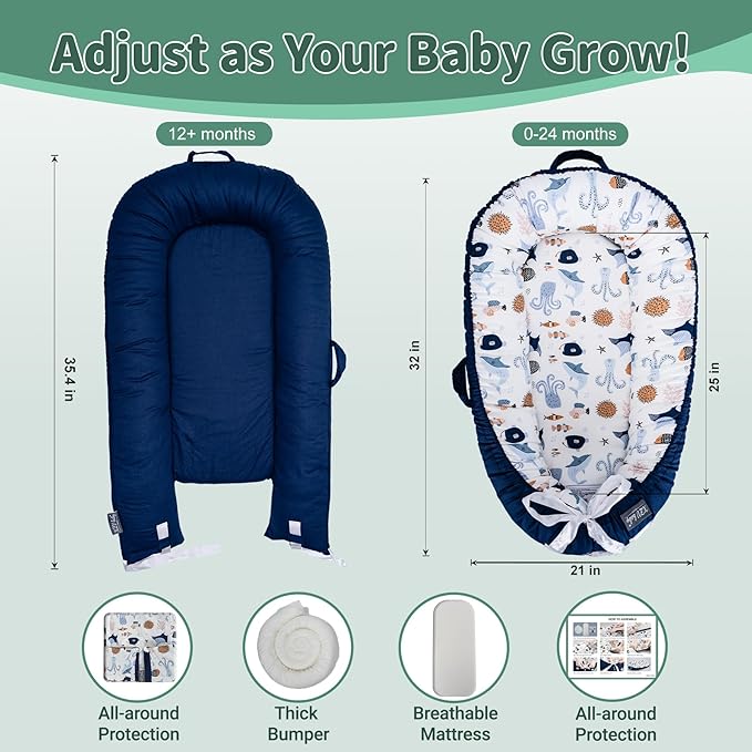 Infant Support Cushions | Baby Lounger | Organic Cotton Infant Lounger | Reversible, Adjustable & Portable Floor Lounger | Supervised Use | Soft, Breathable, Washable Cover (sea)