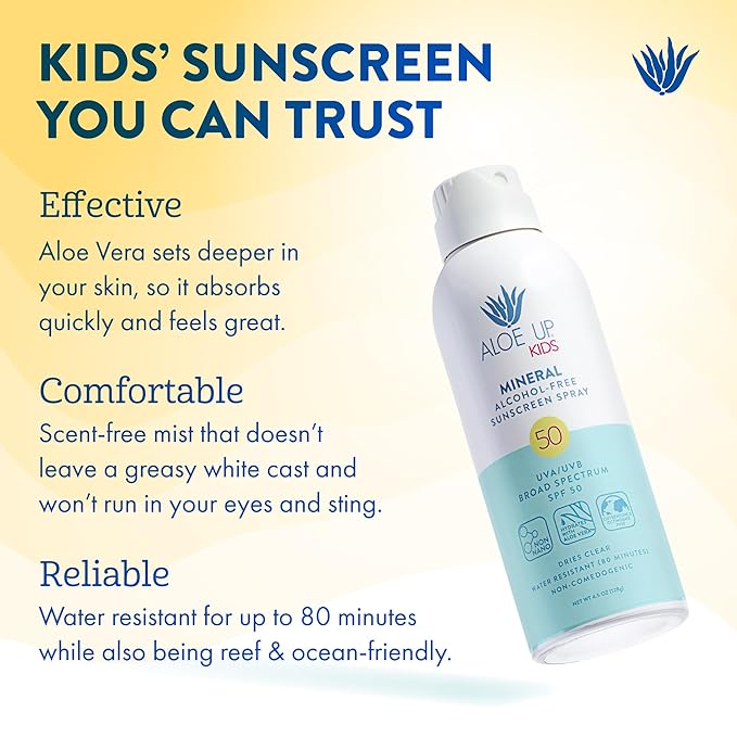 Aloe Up Kids Mineral Sunscreen Spray SPF 50 – Broad Spectrum Protection for Face & Body – Gen2 Zinc Oxide & Aloe Vera Gel – Reef Friendly, Water Resistant 80 Minutes – Fragrance-Free – 4.5 Oz