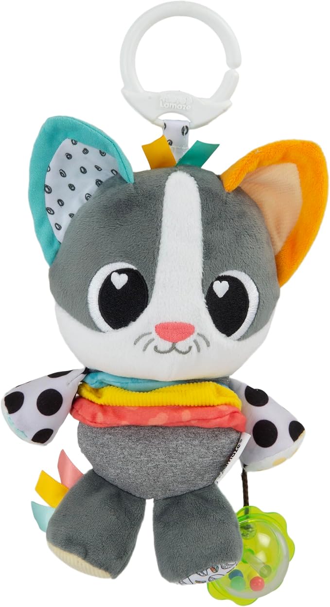 Lamaze Millie Le Chat | Clip On Pram Toy with Multiple Textures, Rattle, Rustling Ears, Satin Ribbons | Sensory Toy for Babies from 0 Months