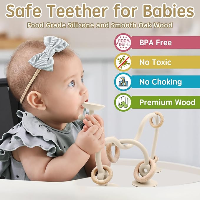 Baby Sensory High Chair Suction Toys for Infant Toddlers 12 18 Months, Food Grade Silicone String with Oak Loop Montessori Educational Parent-Child Baby Bath Toy Gift for Birthday Easter (Beige)