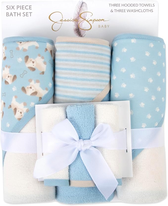 Jessica Simpson 6 Piece Printed Hooded Bath Towel and Washcloth Set for Infant, Newborns and Toddlers 3 – 24 Months for Bath Time, Showers, Lounge, Beach and Pool (6 Piece Puppies Print)