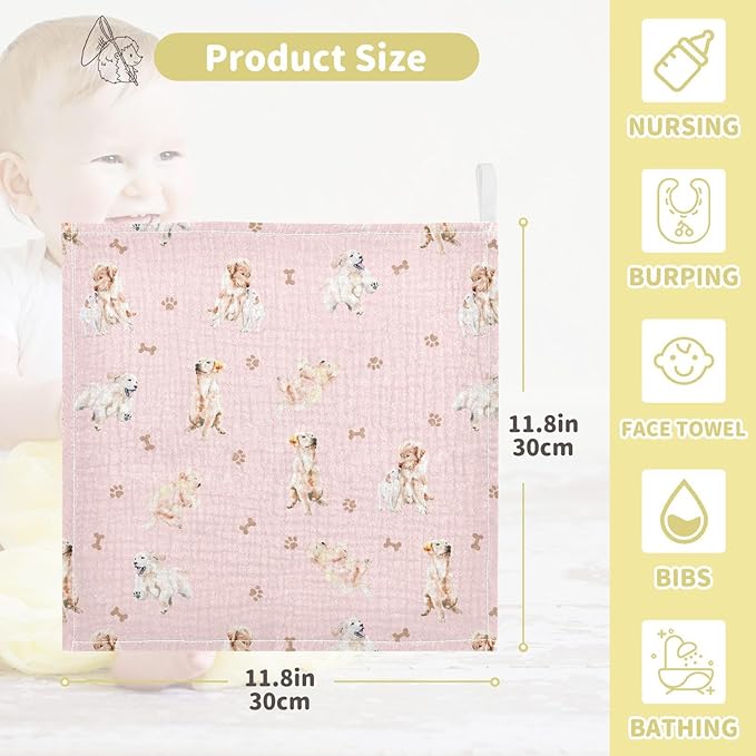 vvfelixl Baby Cotton Washcloths Golden Retriever Infants Bath Towel for Unisex Face Towels for Newborn, Natural Baby Wipes Delicate Skin, 11.8 X 11.8 inch, one sizex5
