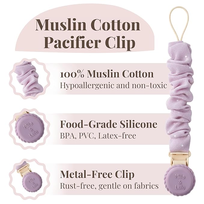 Muslin Cotton - Metal-Free Pacifier Clips, Lightweight and Secure Pacifier Holder for Babies (Mauve Muse) - Mila & Lulu