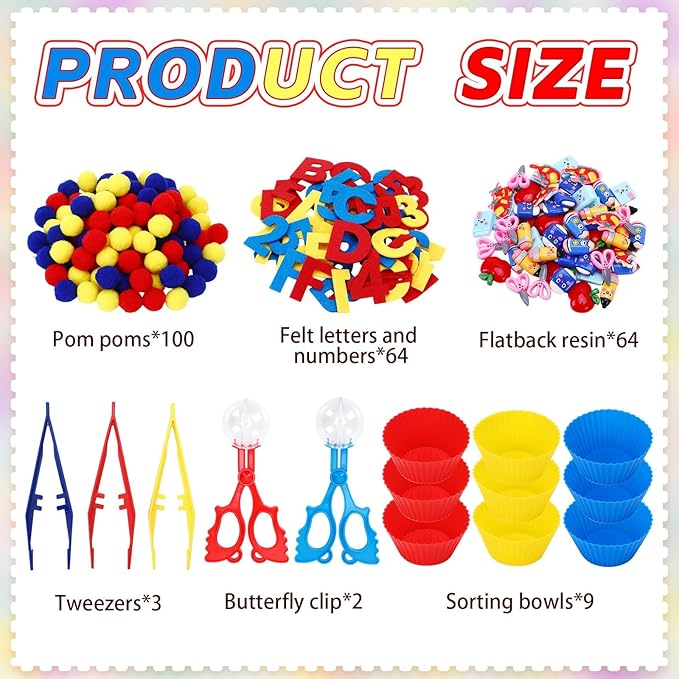 Sensory Bin Filler Set with Pom Poms, Sensory Bin Fillers for Fine Motor Development Counting and Sorting for Fine Motor Skills, Back to School Learning Activities