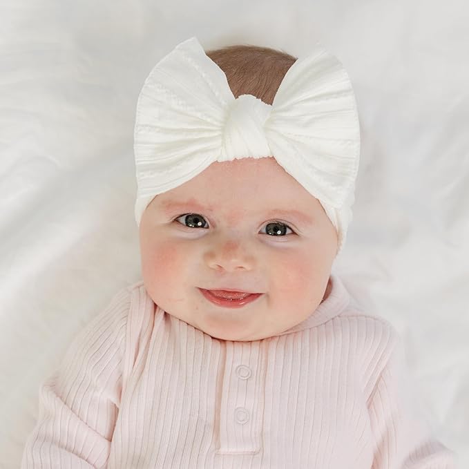Baby Bling Bows - Newborn to Little Baby Girl Bows, 2 Pack Nylon Super Soft Stretchy Knot Toddler Headbands, Perfect Hair Accessories Head Bands for Infant Kids(Yellow & White)