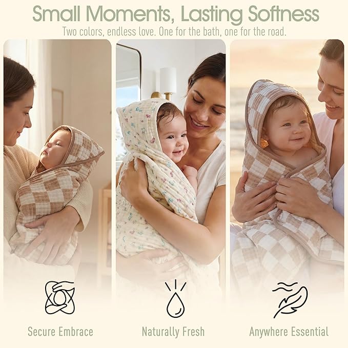 4-Piece Muslin Baby Towel Set - Made with Organic Cotton, (2) 6-Layer 32x32 Towels & (2) Washcloths, Bath, Beach & Pool Gift Set (Earthy Botanicals)
